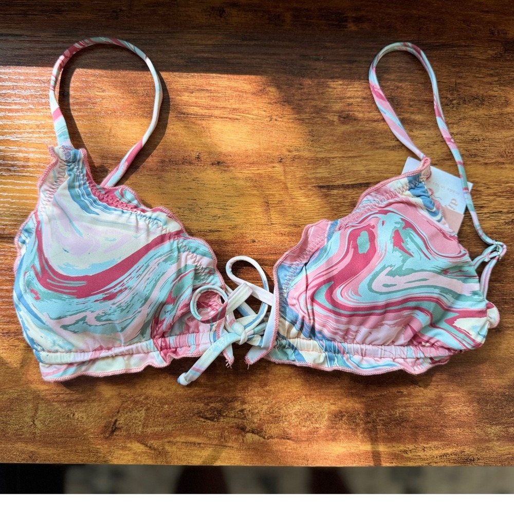 Dippin Daisys Pink Blue Marble Swirl Ruffle Triangle Bikini Set Size Medium NWT